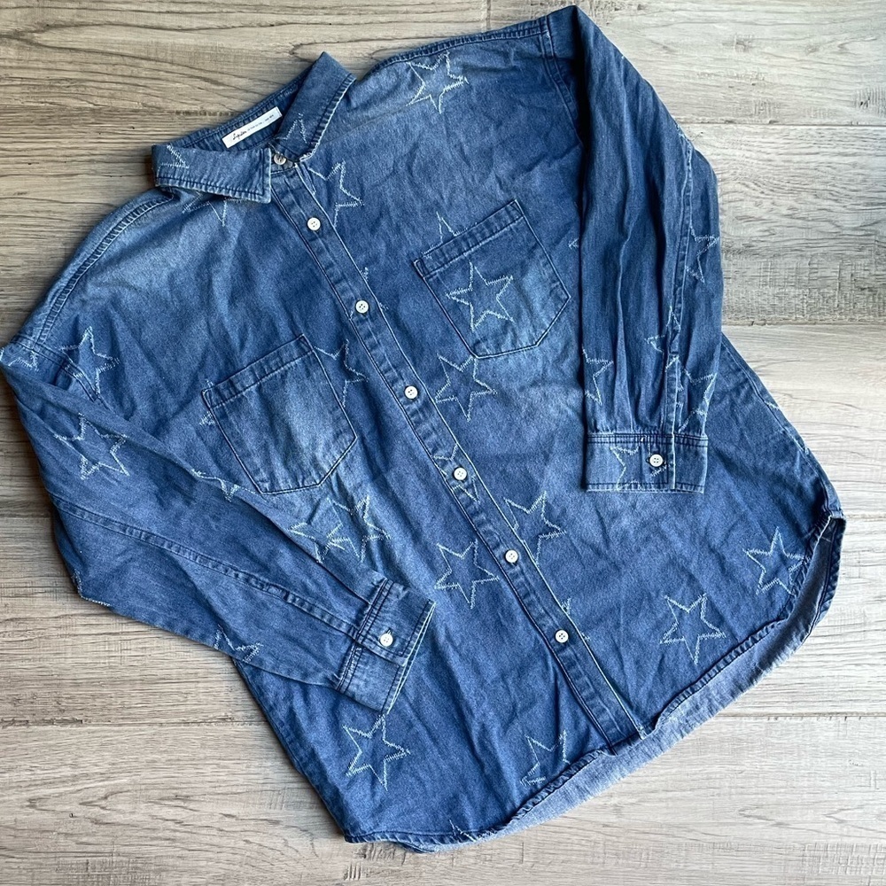 Fun Denim Button Down Shirt Distressed Star Pattern Throughout Boxy Cut SZ M
